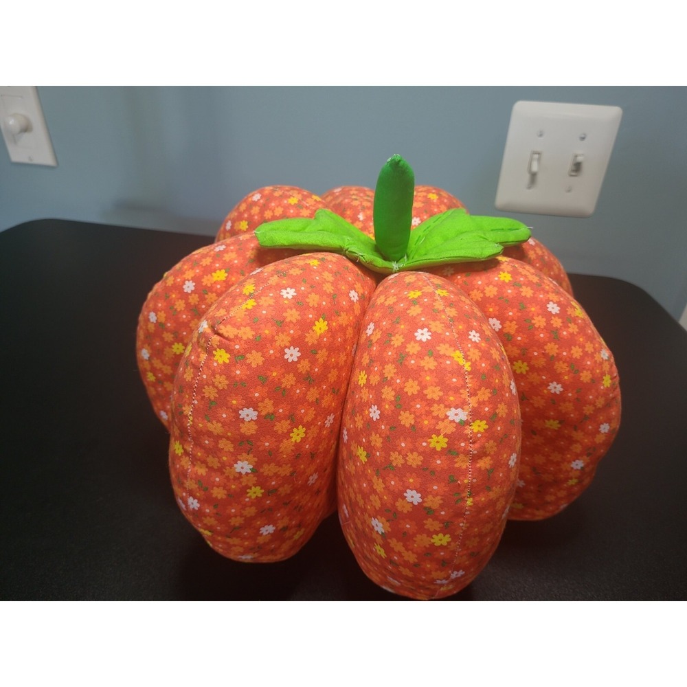 Vintage Hand Crafted 3D Plush Pillow Tiny Flowers Fall Pumpkin Table Top Orange